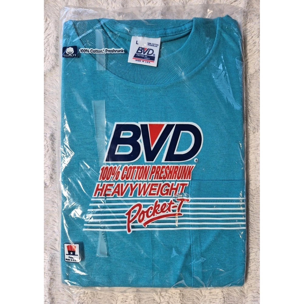 Vintage New BVD Heavyweight Pocket T-shirt Cotton Men's Large Teal Made In USA